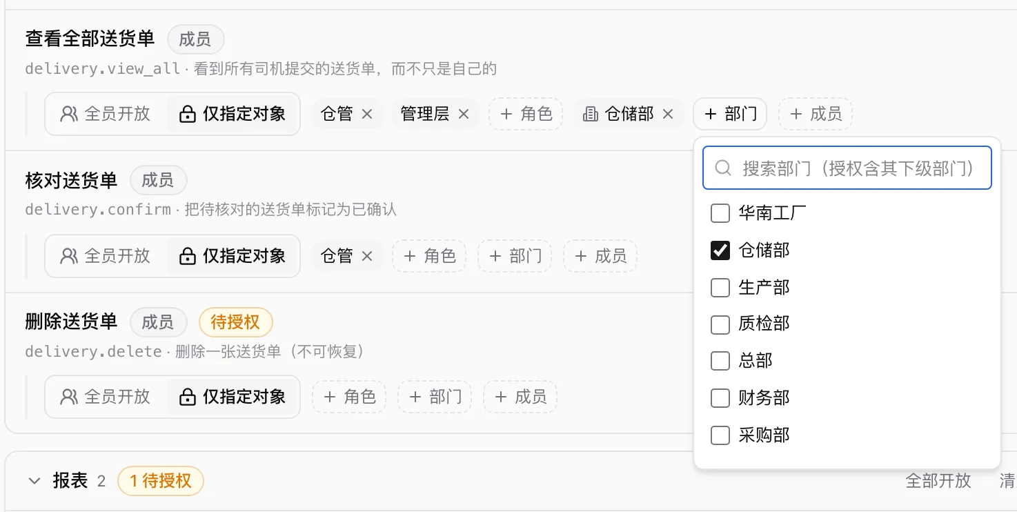 仅指定对象时的点名框：可按角色、部门、成员、外部角色选择