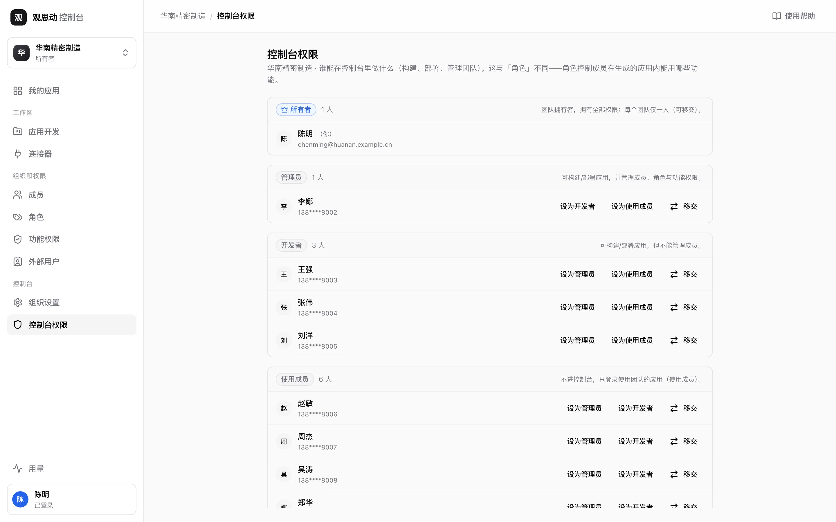 控制台权限页：成员按所有者、管理员、开发者、使用成员四组列出，每行右侧有设为管理员、设为使用成员、移交等按钮