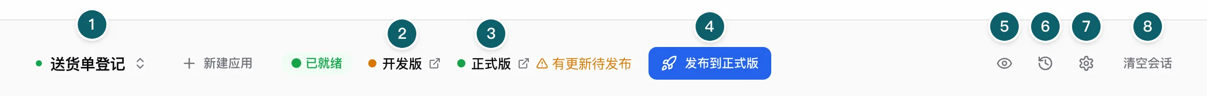 对话上方的一排按钮：应用切换、开发版、正式版、发布到正式版、预览、版本历史、应用设置、清空会话
