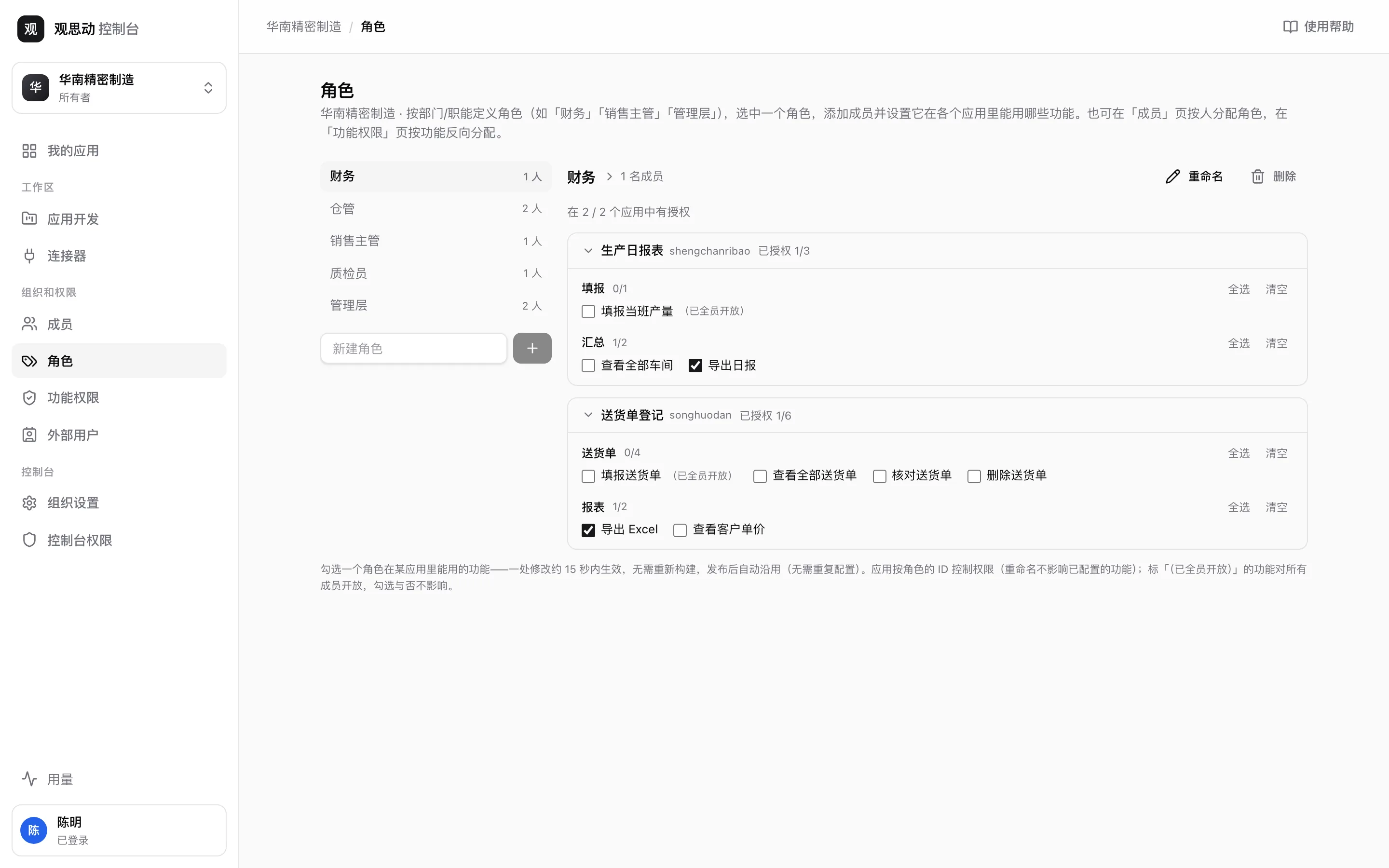 角色页：左侧是角色列表和人数，右侧显示选中角色在每个应用里被授权了哪些功能