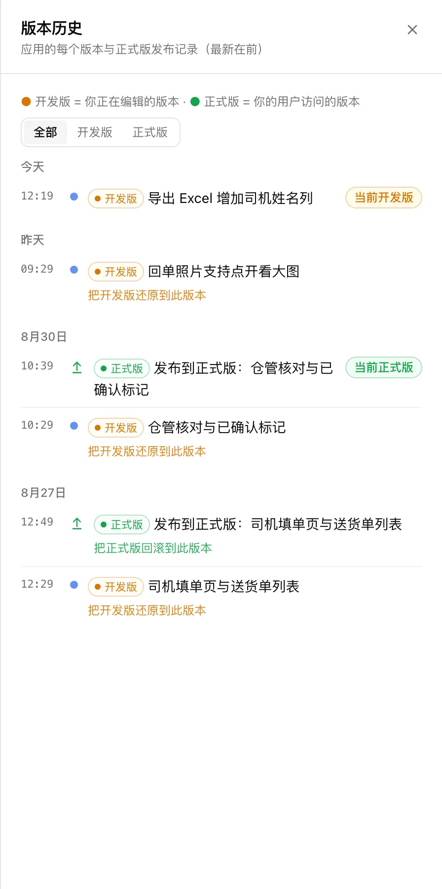版本历史抽屉：按天分组的开发版和正式版记录，标出当前开发版和当前正式版；正式版记录下是「把正式版回滚到此版本」，开发版记录下是「把开发版还原到此版本」